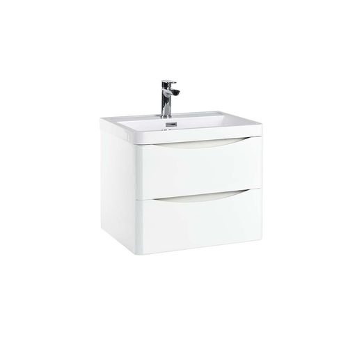 Scudo Bella 600mm Gloss White MFC Painted MDF wall mounted vanity unit with two soft-close drawers