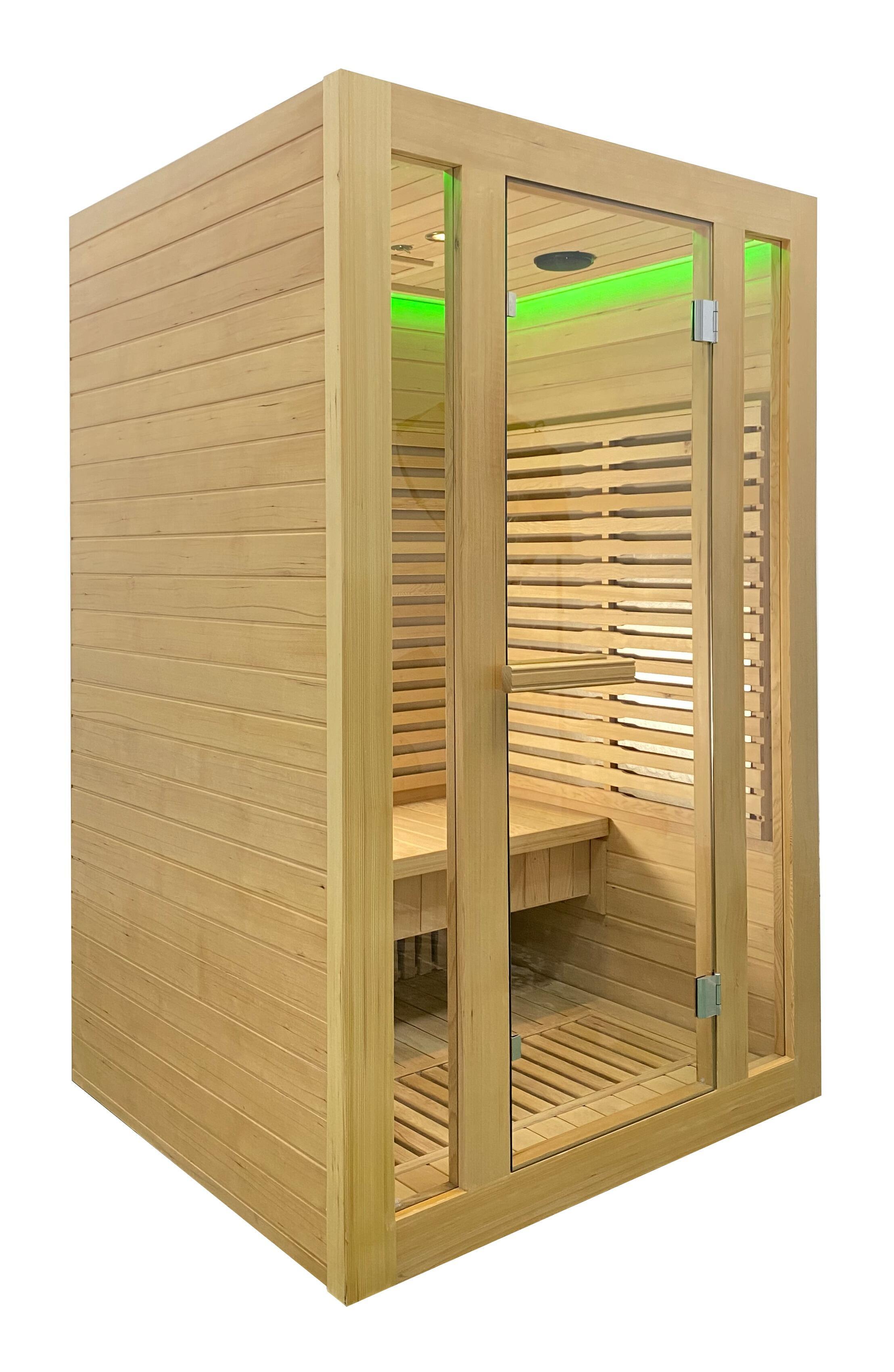 Lisna Waters Deluxe Aria 2 Person Far Home Infrared Sauna 1200mm x 1050mm side view with green light