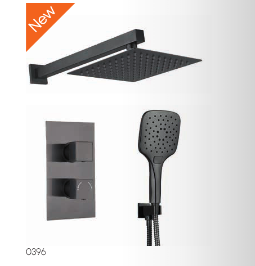 An image of Trinity Gun Metal Square Thermostatic Concealed 3 Handle 2 Way Shower Kit