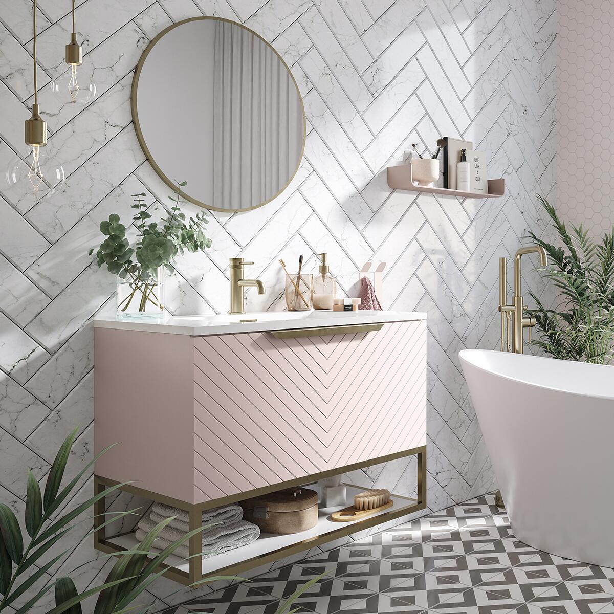 Scudo Chevron 790mm Pink Painted MDF wall hung vanity unit, contemporary style