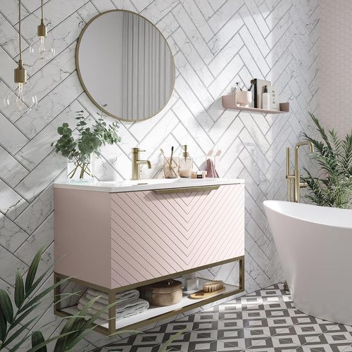 Scudo Chevron 790mm Pink Painted MDF wall hung vanity unit, contemporary style