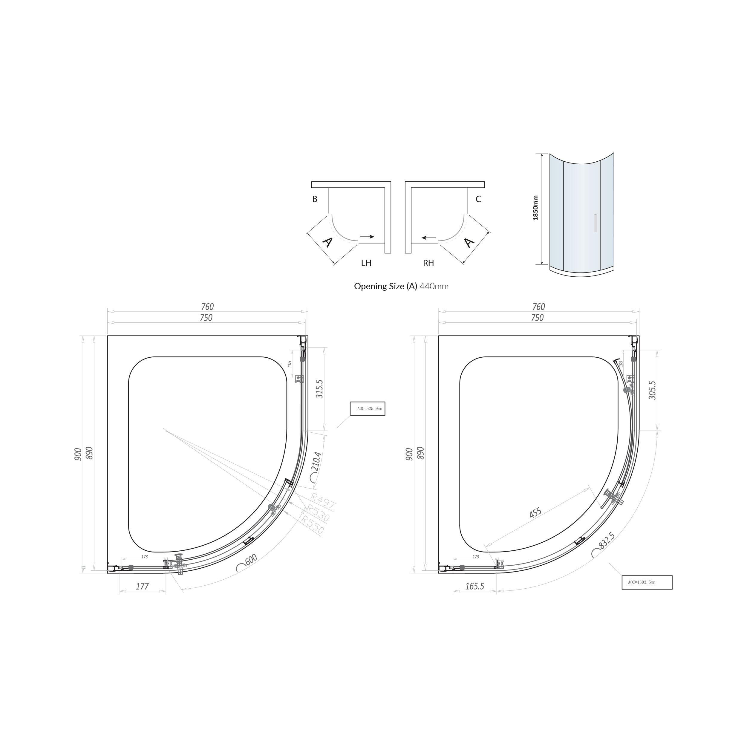 Scudo S6 single door quadrant shower enclosure, 900x760mm, chrome frame, 6mm clear glass