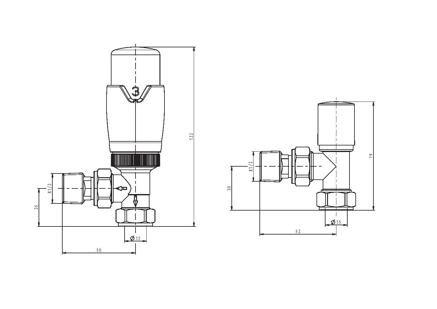 Scudo Designer angled thermostatic radiator valves, twin pack, chrome finish