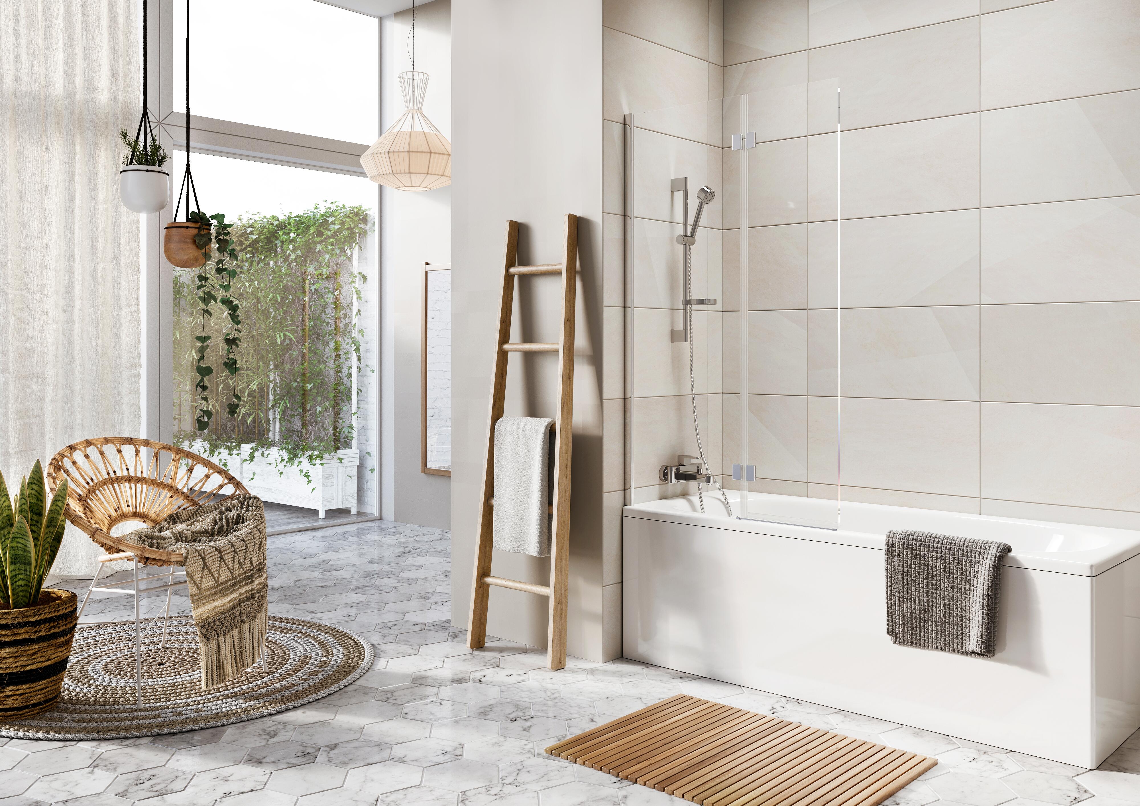 Scudo Thalia clear glass bath screen with chrome frame, 1500mm height, 356mm width