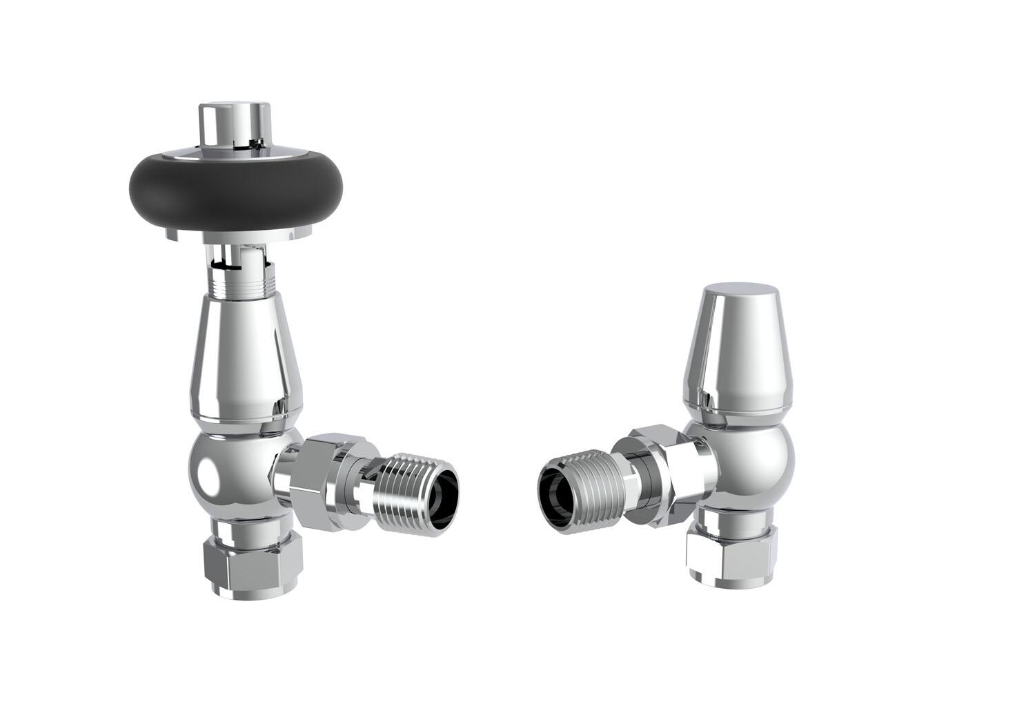 An image of Caerleon Wooden Head Angle Trv Rad Valves - Chrome