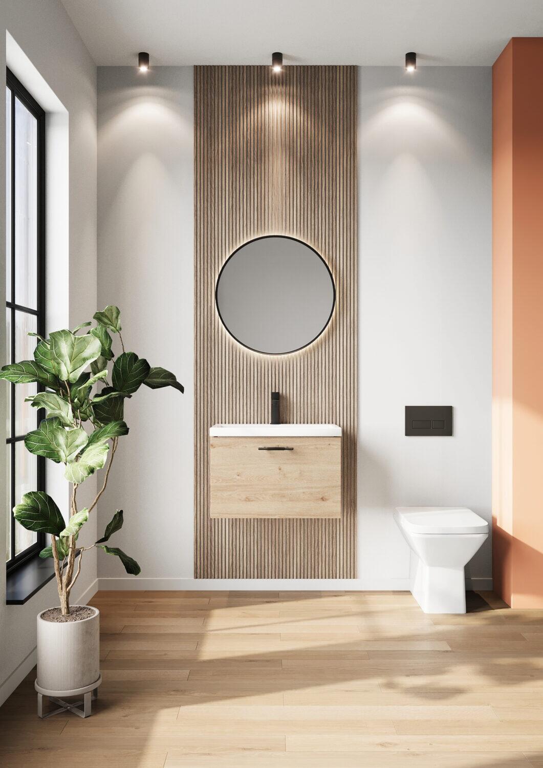 Scudo Muro PLUS wall hung vanity unit in Davos Oak wood effect finish, 600mm wide contemporary bathroom furniture