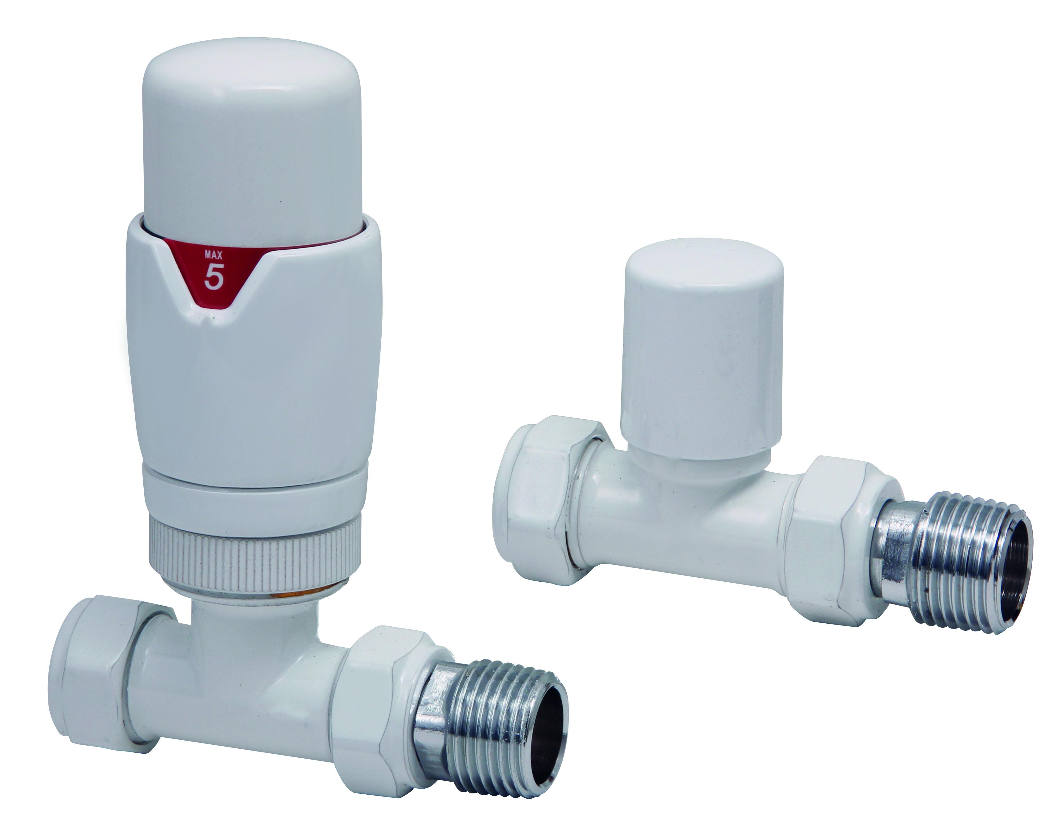 Scudo Designer thermostatic radiator valves twin pack, straight, white brass finish