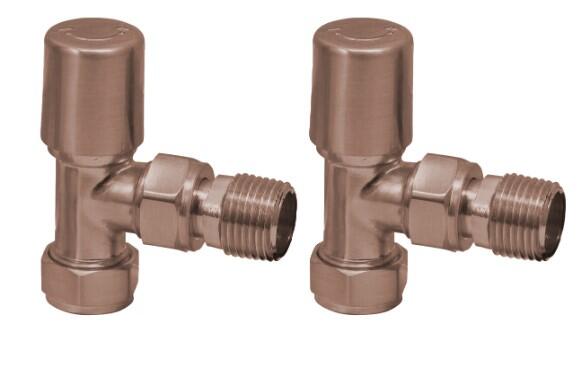Scudo Brushed Bronze Angled Lock Shield Radiator Valve pair, 15mm brass