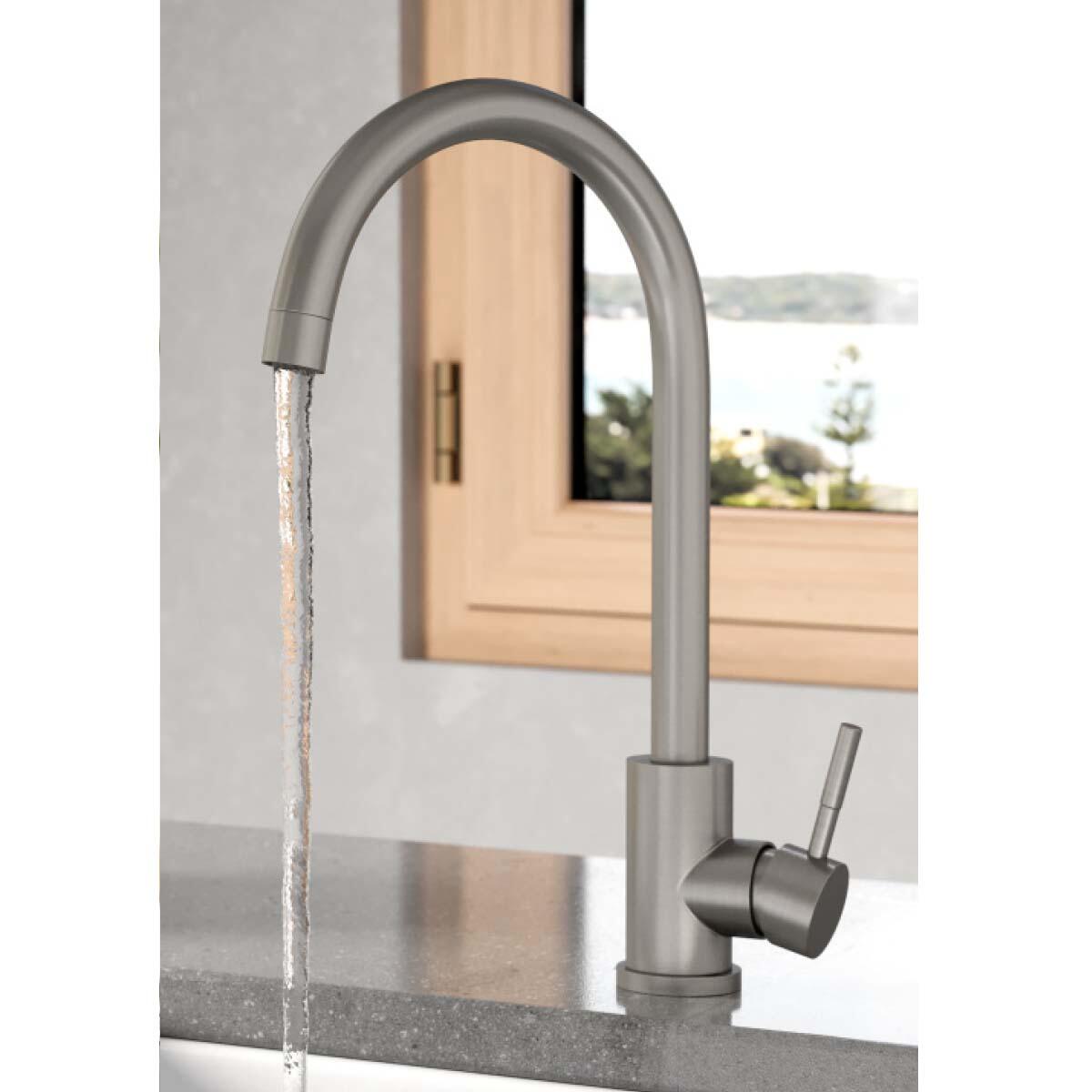 Scudo Manhattan 1 tap hole kitchen mixer tap in brushed stainless steel with single lever handle