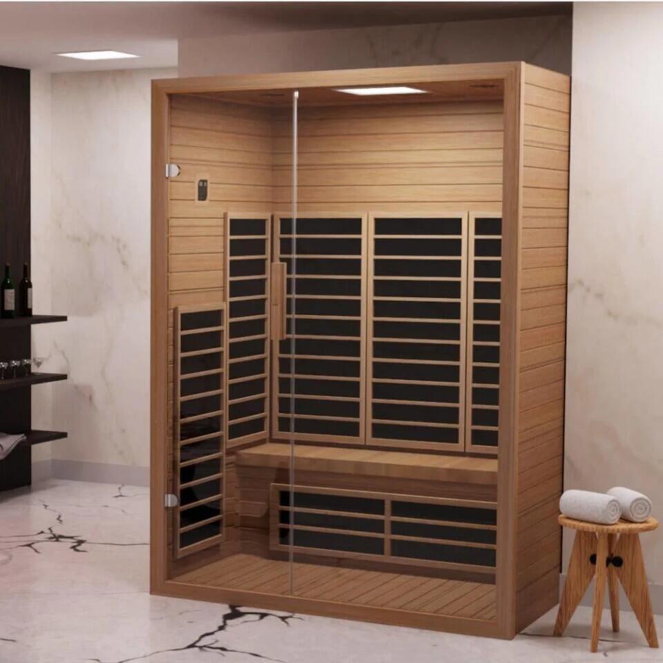 Compact infrared sauna in a home wellness corner