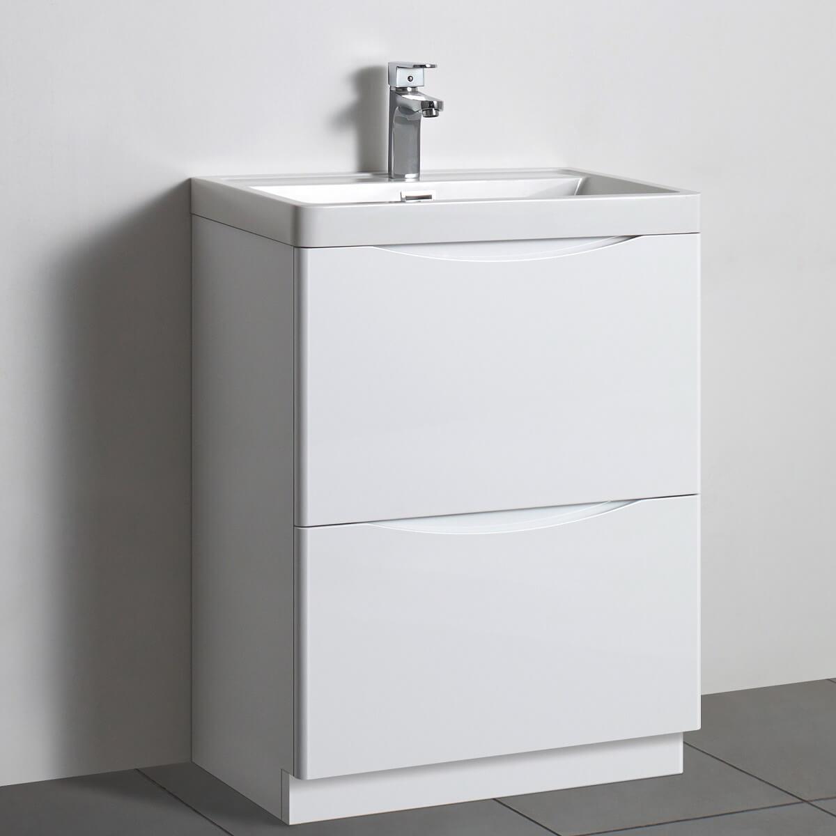 An image of Naples Smile White Gloss 600Mm Bathroom Floor Standing Vanity Unit With Basin - ...