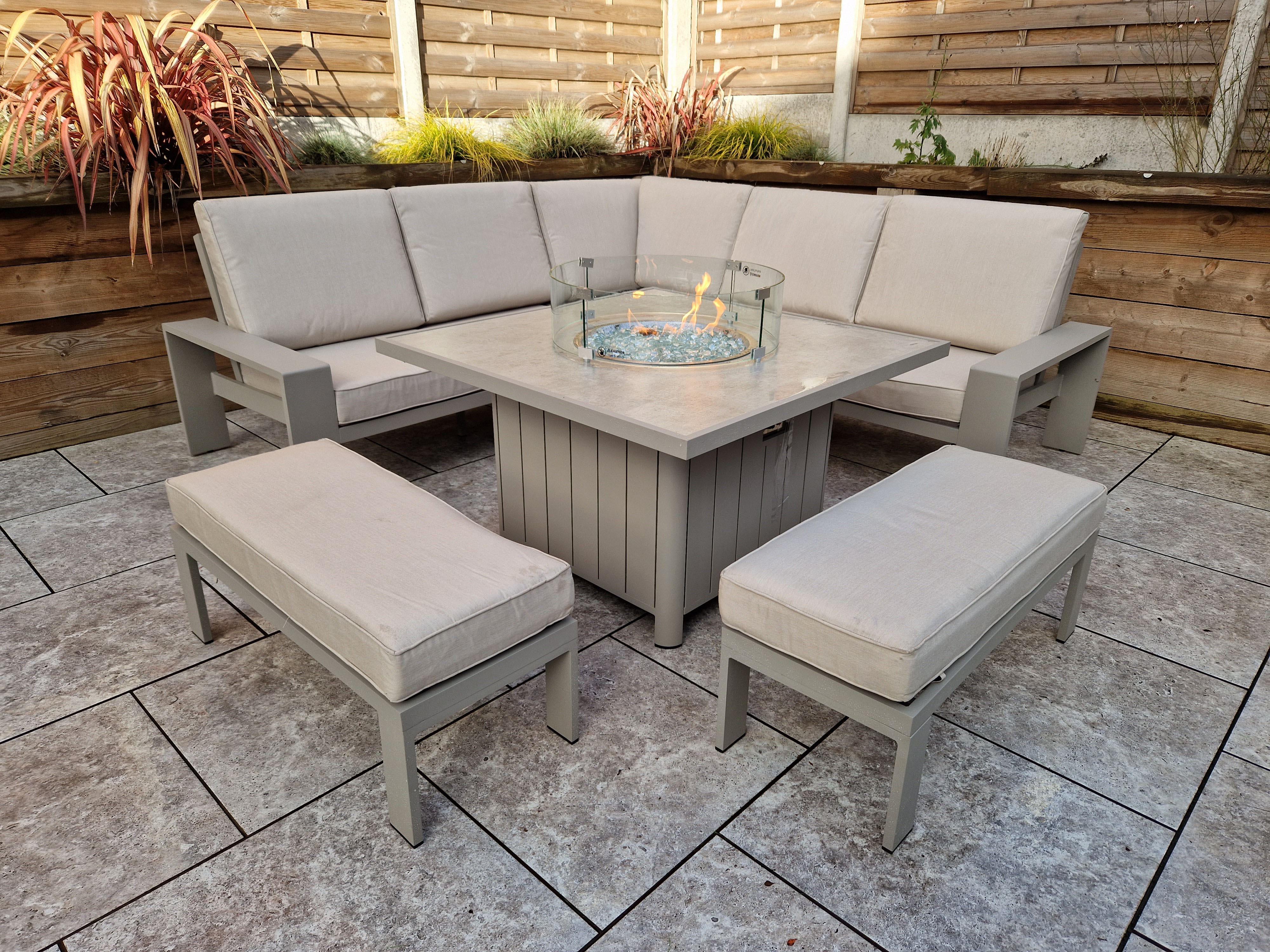 An image of Signature Weave Venus Corner Sofa Dining With Gas Firepit Garden Furniture