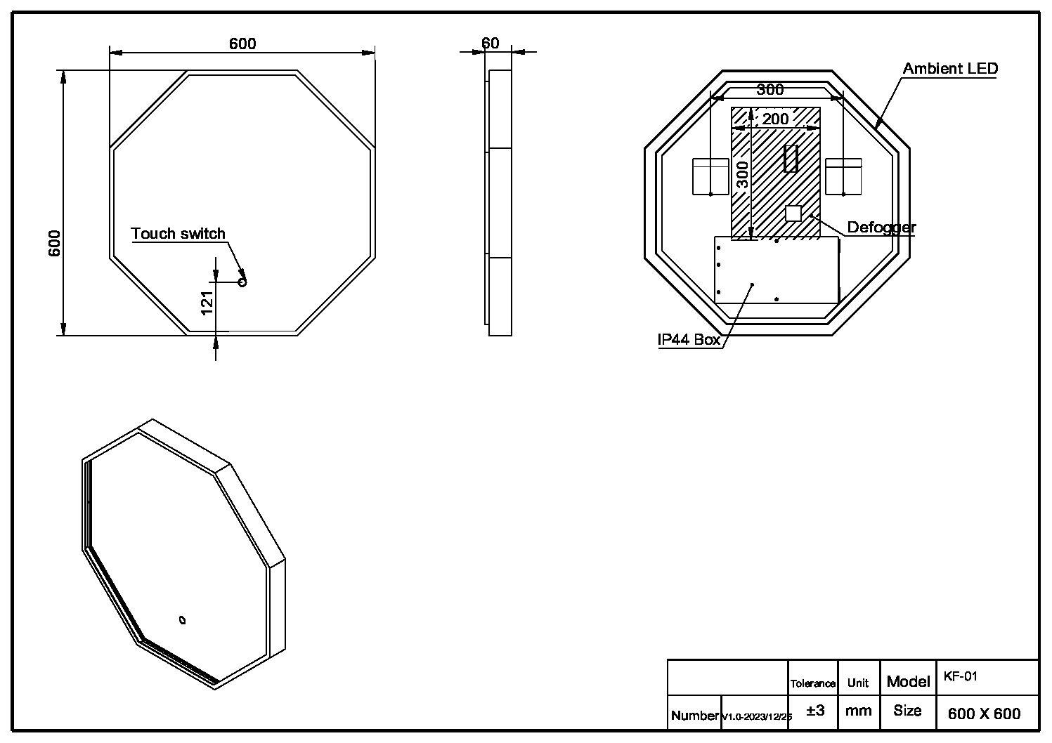 Scudo Passa Octagonal LED mirror 600x600mm, Matt Black finish