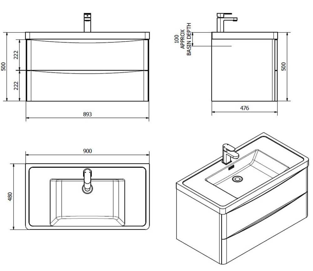 Jupiter Bali White Gloss Wall Mounted 900mm Bathroom Vanity Unit And ...