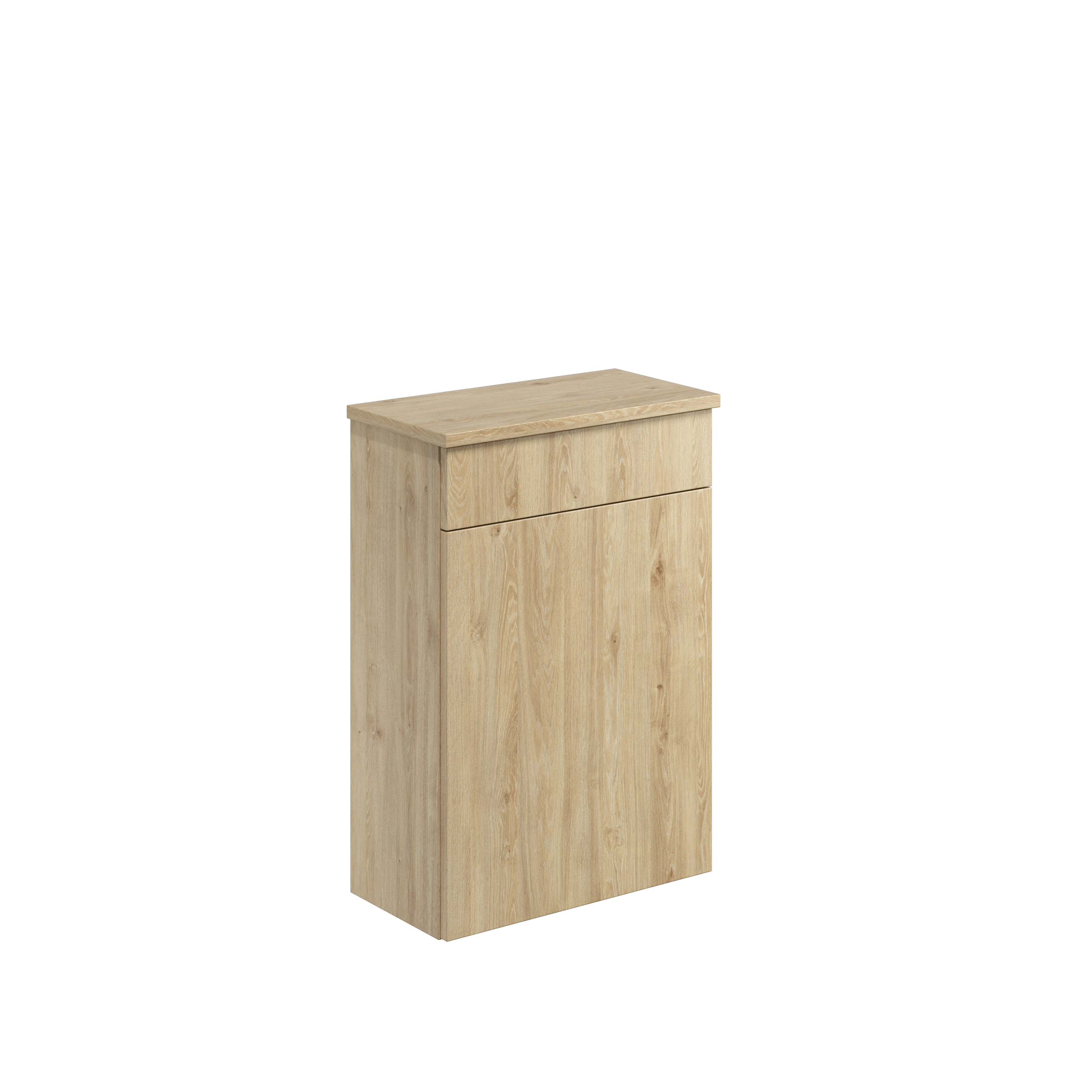 Scudo Aubrey floorstanding WC unit in Davos Oak finish with angular integral handles, 505mm wide