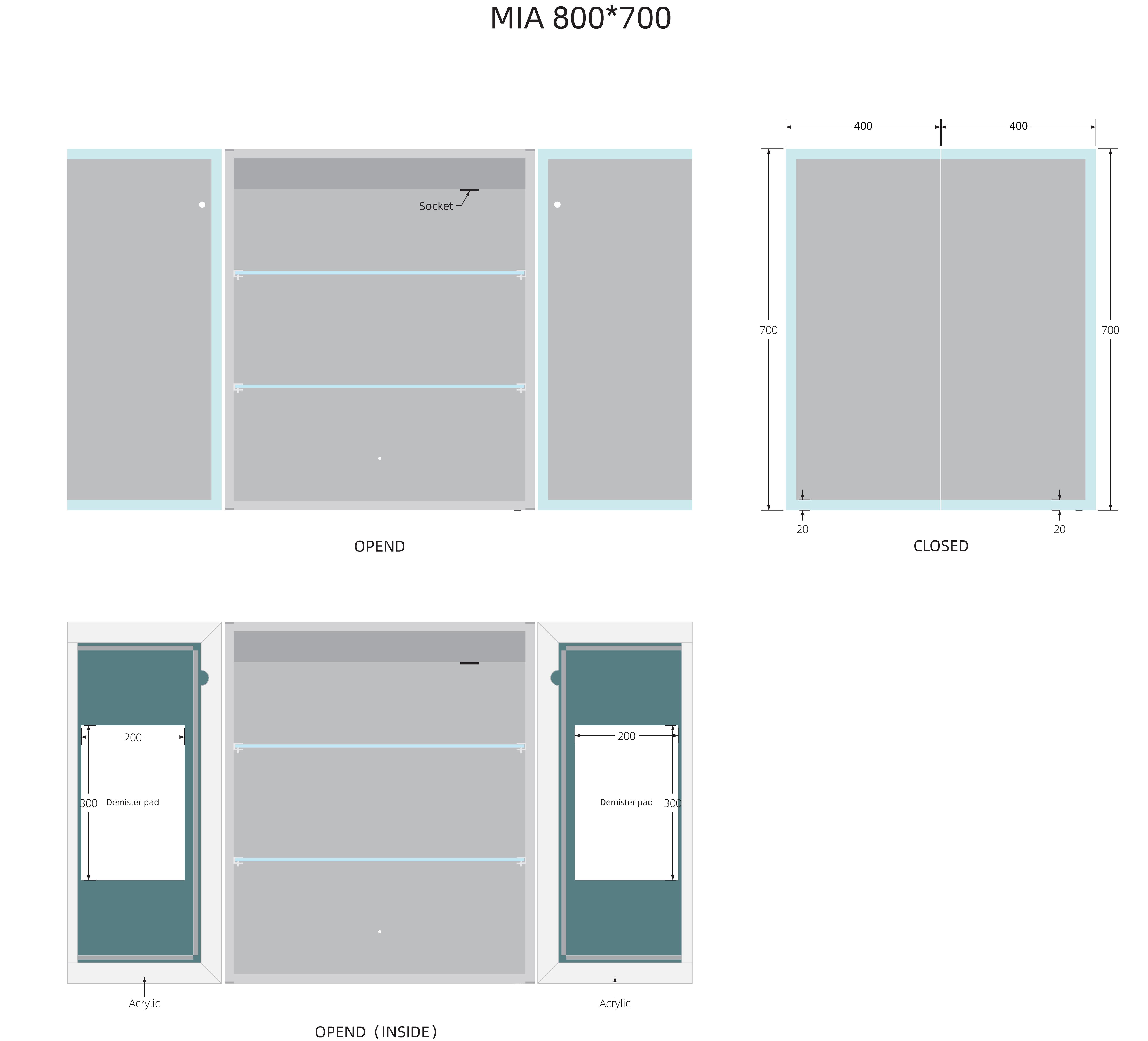 Scudo Mia 800mm x 700mm LED mirror cabinet with demister pad and shaver socket, grey cabinet, mirrored glass