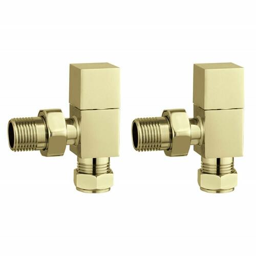 An image of Trinity Cubic Square Angled Radiator Valves - Brushed Brass