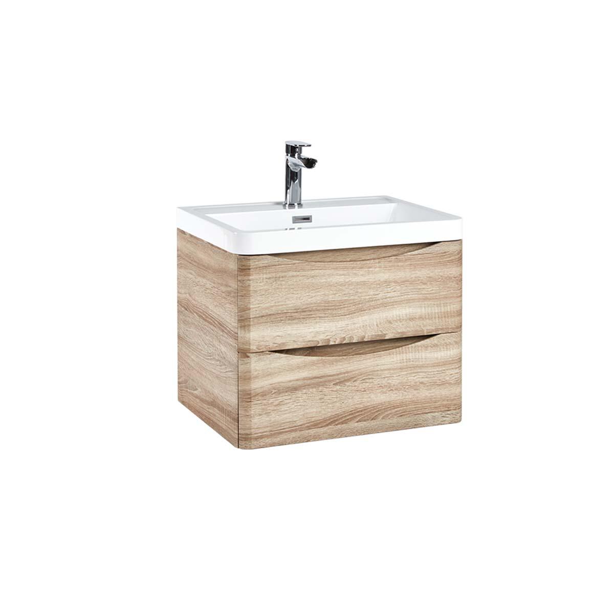 Scudo Bella wall mounted vanity unit in Sonoma Oak melamine finish, contemporary style, 596mm width
