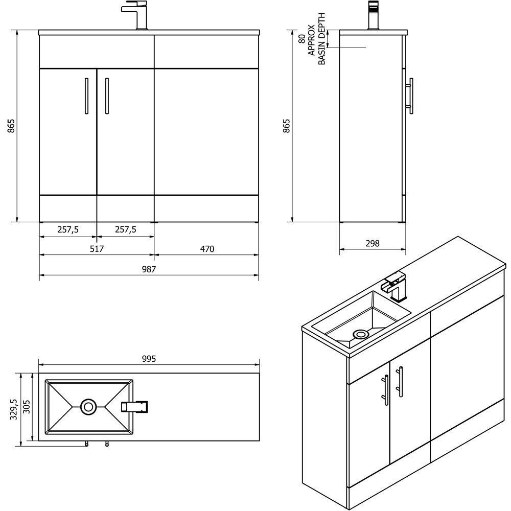 Jupiter Slimline Gloss White 995mm Vanity Unit Furniture Suite With ...