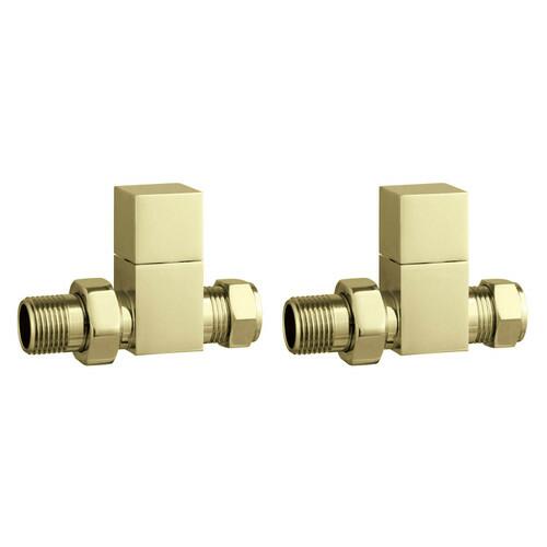 An image of Trinity Cubic Square Straight Radiator Valves - Brushed Brass