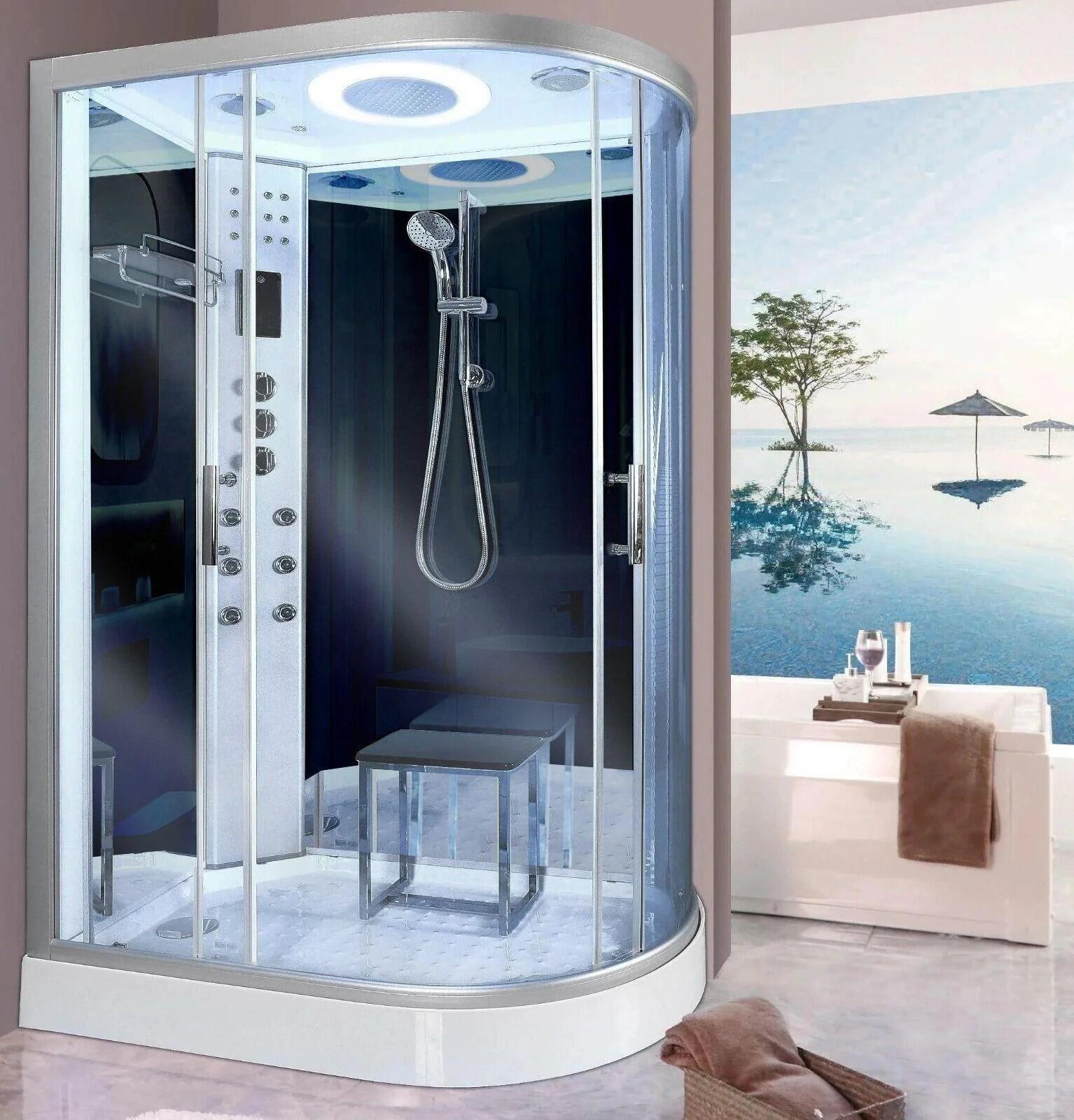 Steam shower cabin with digital controls in a compact UK bathroom