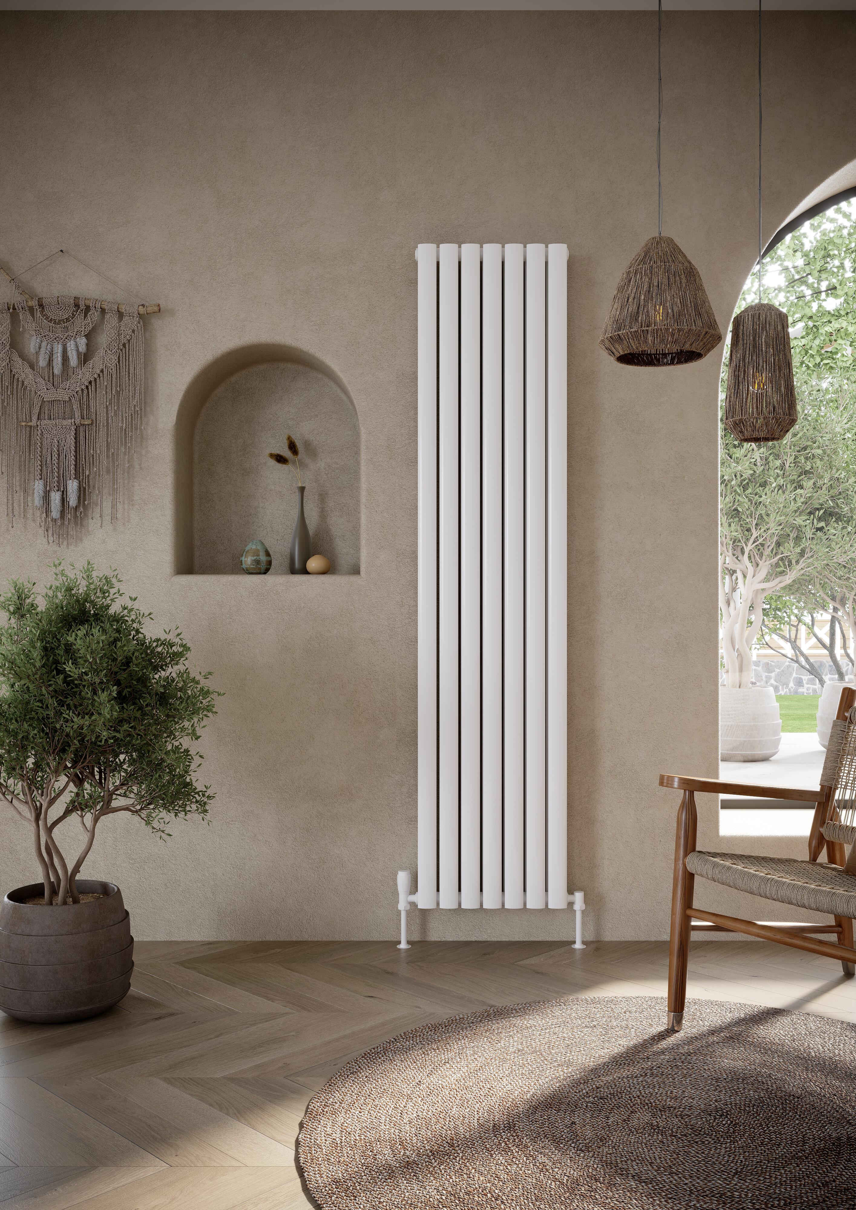 Scudo Apex white designer radiator, double panel, 1800mm height x 413mm width, low carbon steel construction