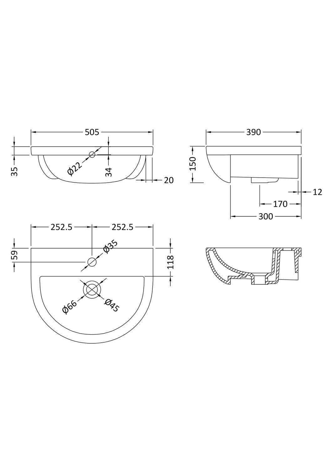 Hudson Reed Furniture Ceramics 500mm Semi Recessed Basin Bathroom Furniture