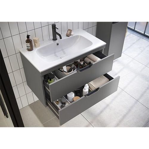 Scudo Aubrey 600mm wall hung vanity unit in Dust Grey with integral handles and matching worktop