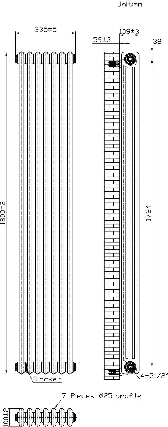 Scudo Column white vertical radiator, 3-column design, 1800mm height