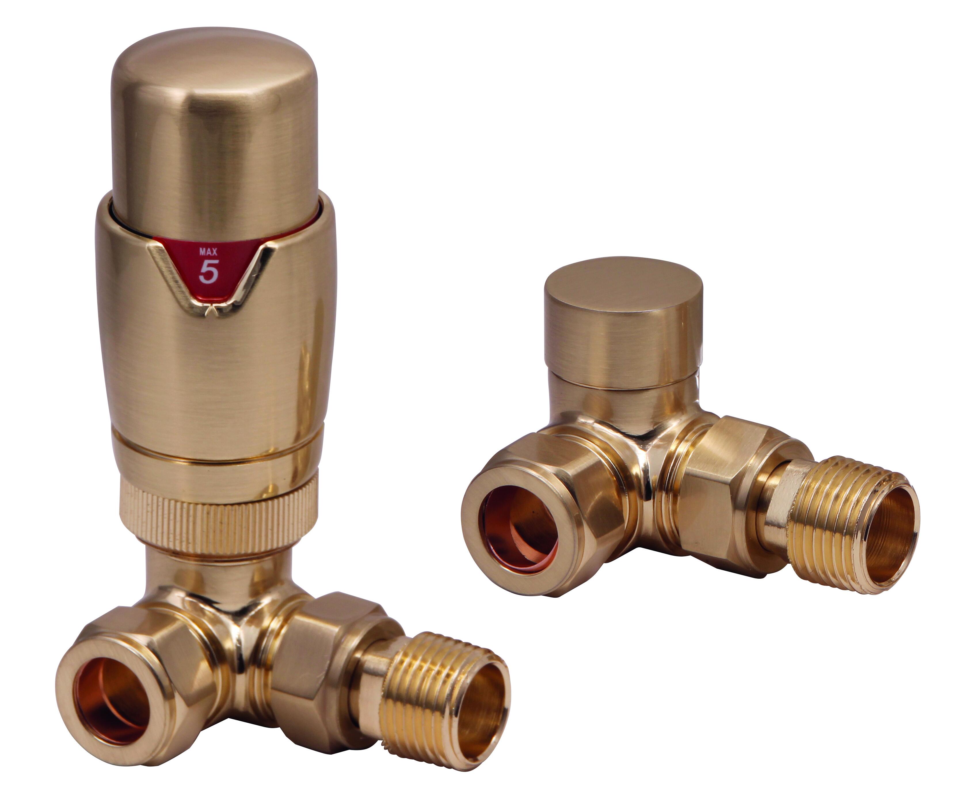 Scudo Designer thermostatic radiator valves, twin pack, brushed brass finish, corner design