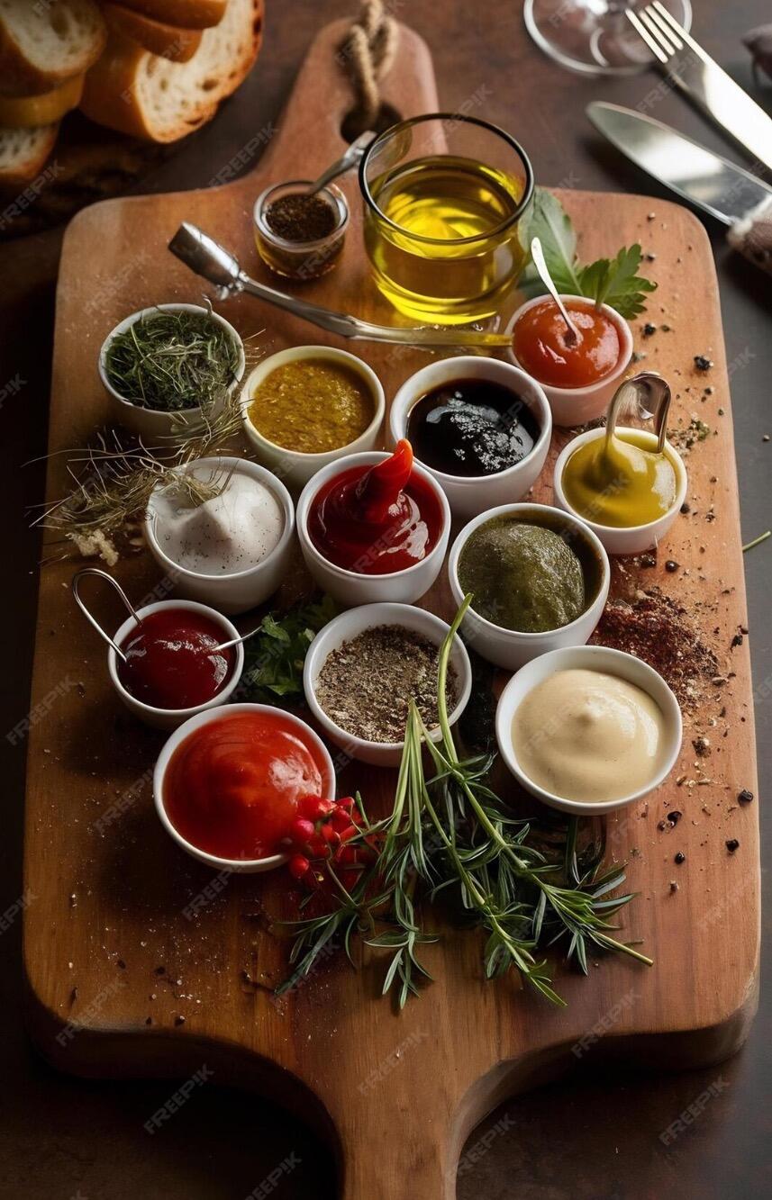 Various sauces and condiments in small white bowls arranged on a wooden board, including soy sauce, mustard, and chili sauce.