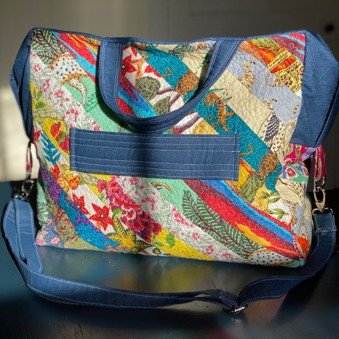 handmade patchwork and denim flight bag