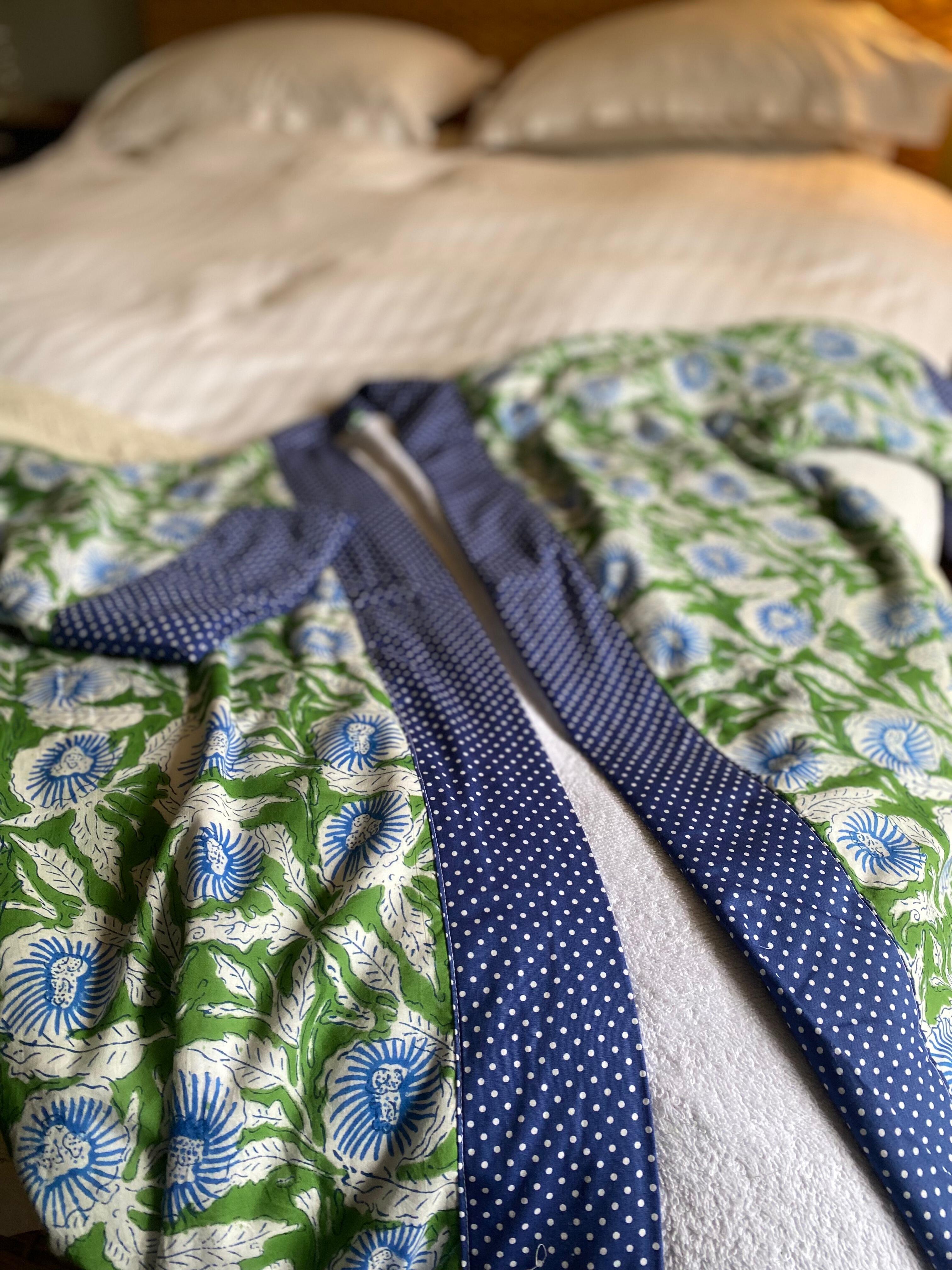 Stunning hand made, towelling lined robe in blue, white and green