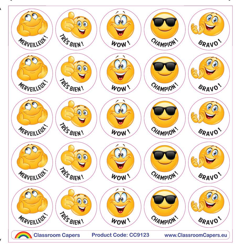 Stickers Enseignants | Champion ! Kool Smiles Emoji Autocollants de Récompense Français x 125
