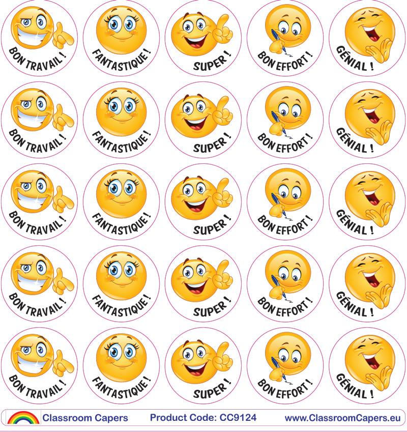 1000PCS Autocollants Motivation Gommettes Récompense Smileys Face Stickers Français Étiquette Adhésif Encouragement Fournitures pour Parent Enseignant Élèves Classe Scolaire 