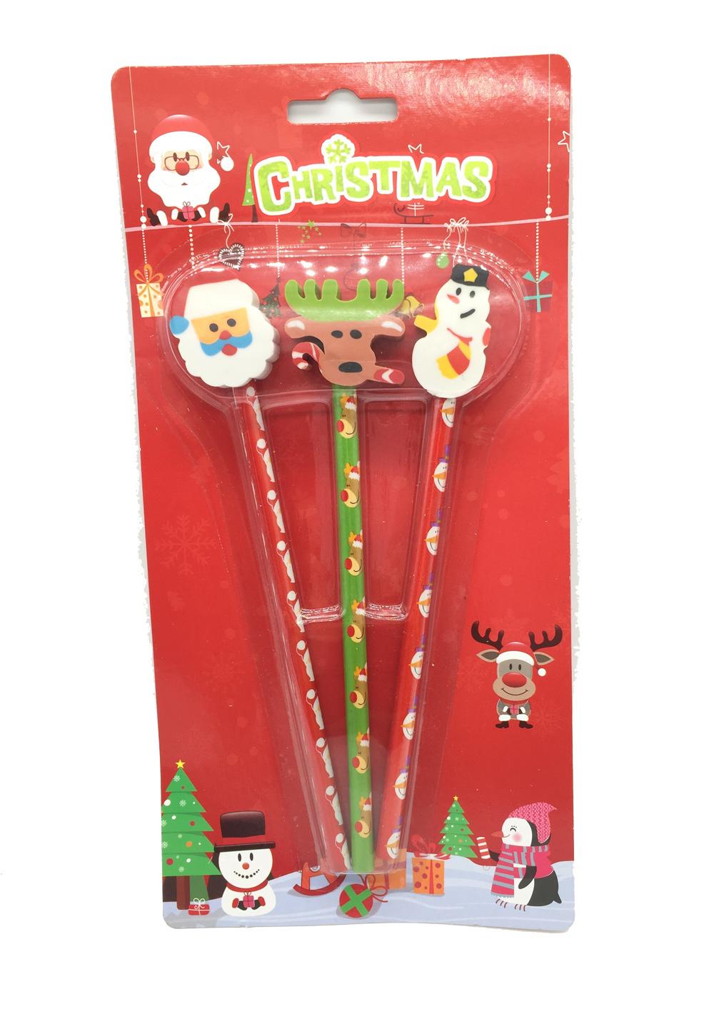 Cadeaux Classe | Noël - Paquet de 3 Crayons de Papier avec Gommes Embouts