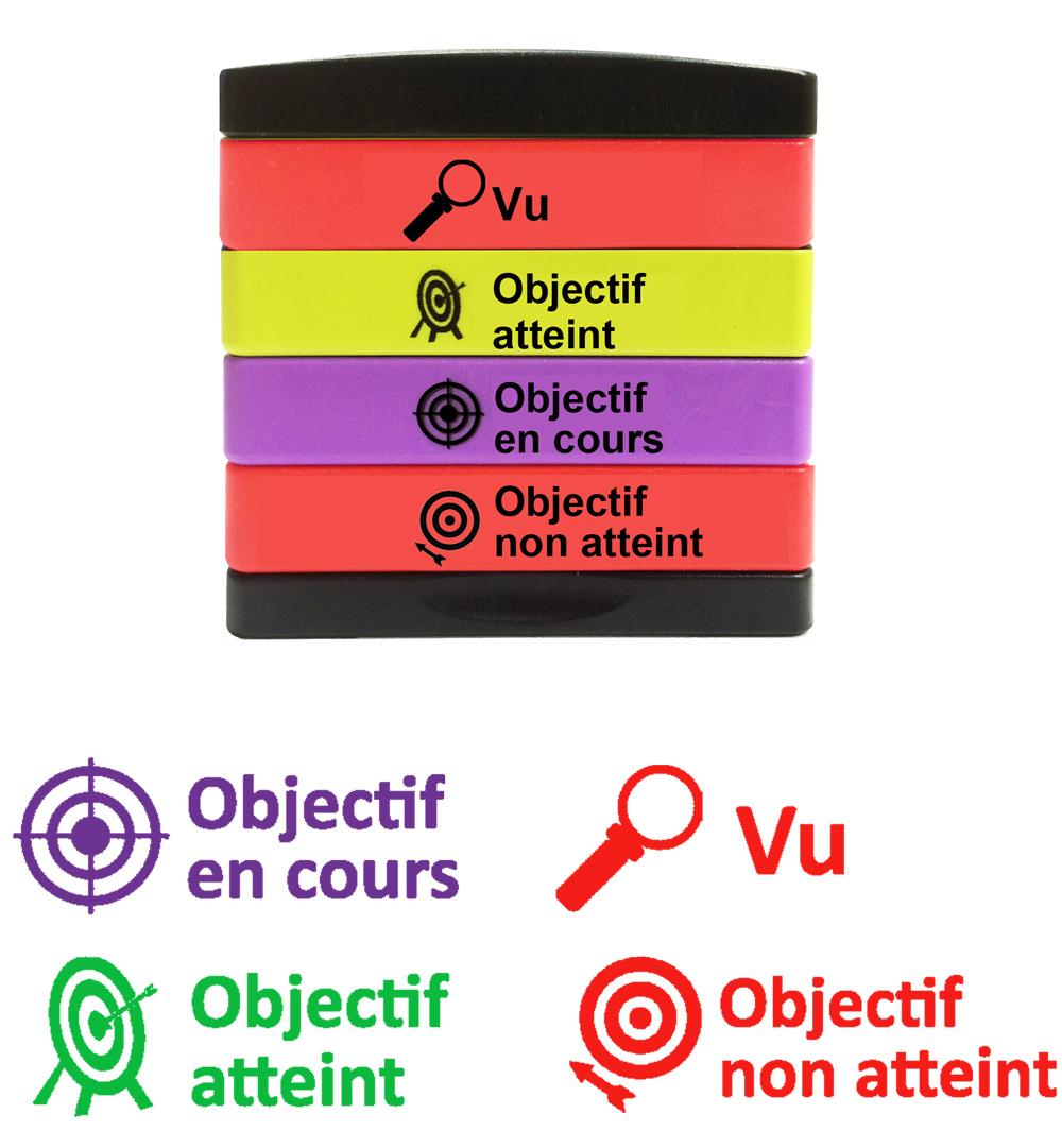 Tampons Enseignants | Objectif atteint / Objectif en cours / Objectif non atteint / Vu  Tampons Auto-Encreurs - 4 étages / tampon individuels.