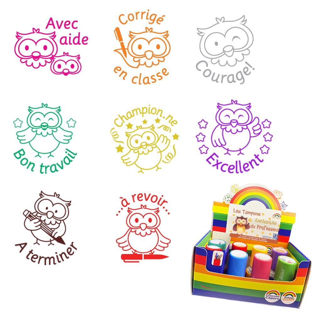 Tampons Enseignants | Hiboux Mignon Coffret de 8 Tampons Auto-Encreurs Corrections/Félicitations