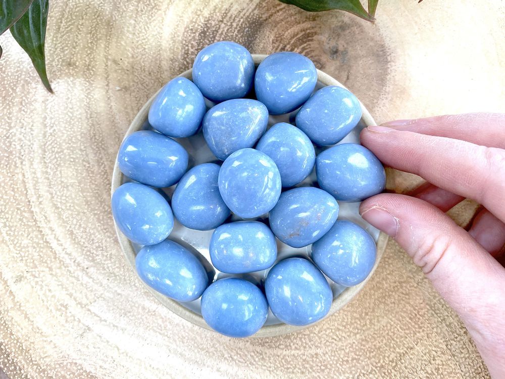 blue Angellite crystal tumbled stones on a plate