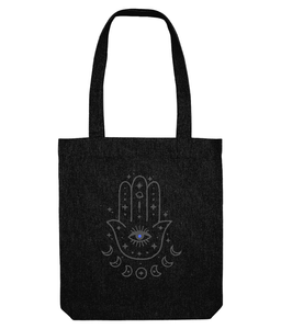 hamsa hand tote bag with evil eye in black, the holistic hamper