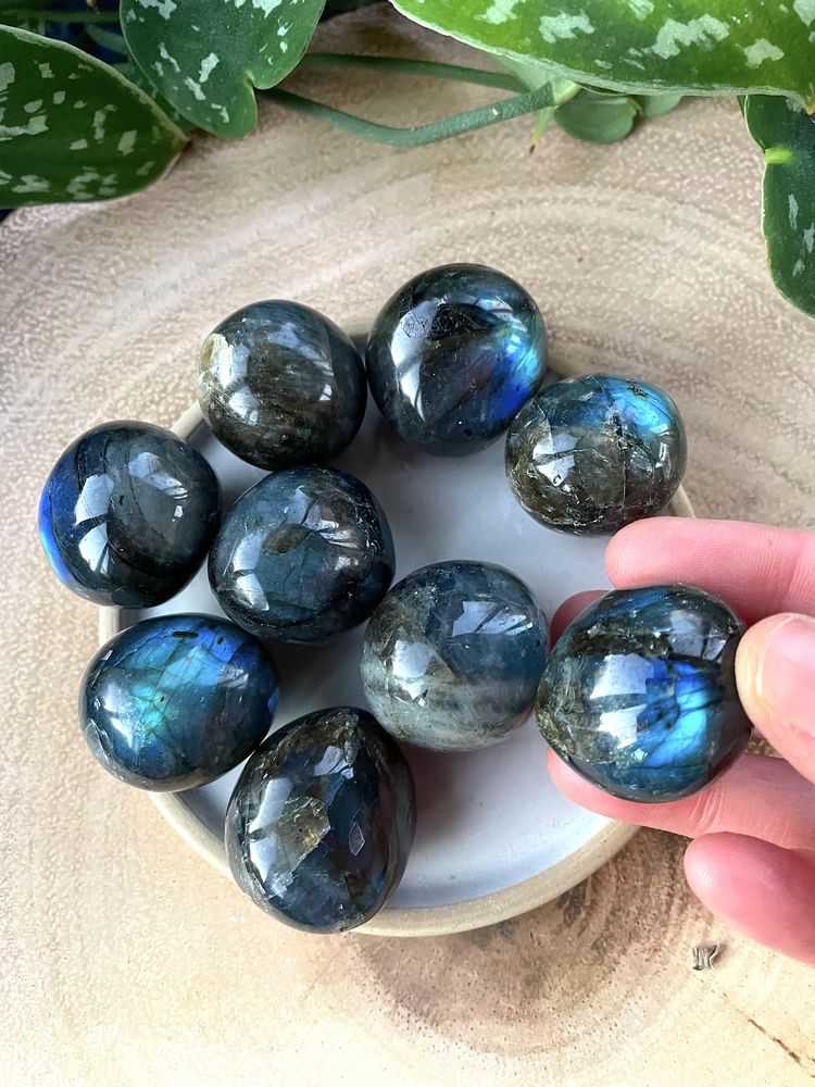Large Grade A Labradorite Cuddle tumble stones on a plate, the holistic hamper crystals UK online shop