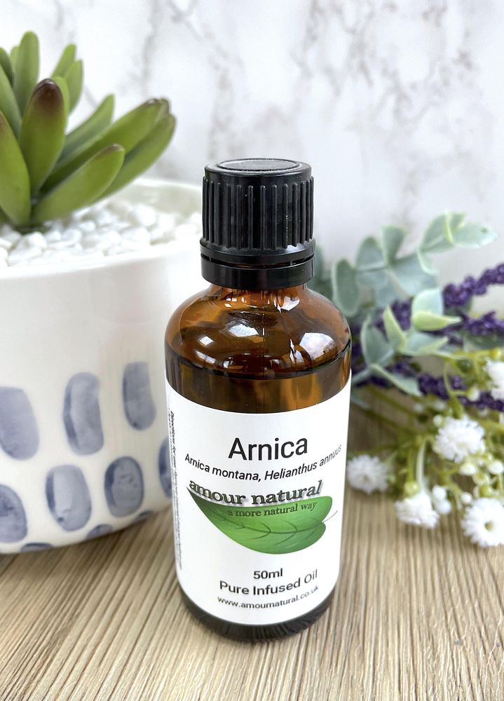 arnica infused oil 50ml in brown bottle, the holistic hamper skincare
