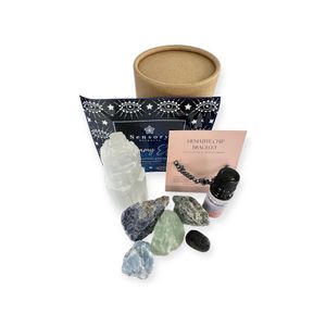 spirituality crystal gift set with dreamy eye mask, selenite tower, hematite bracelet, four rough crystals, mediation blend and lava tumble stone