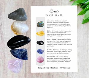 scorpio crystals set with five tumbled stones and a properties card