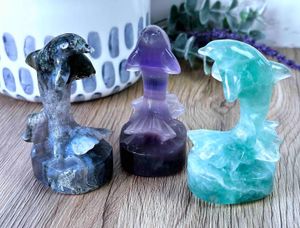 freestanding crystal animal dolphin in fluorite and green moss agate