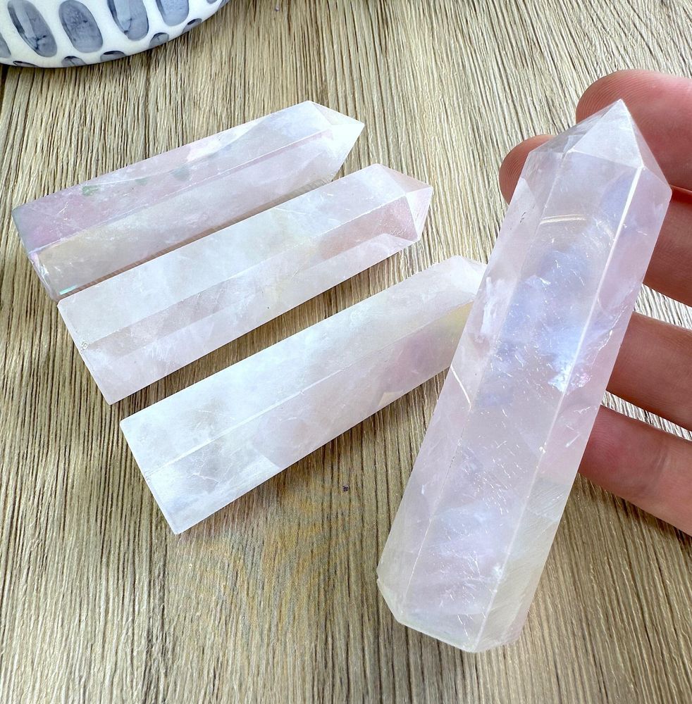 aura rose quartz towers, crystal towers from the holistic hamper crystals