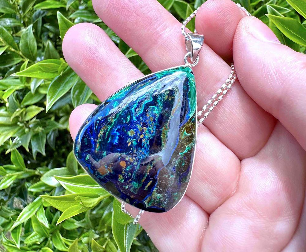 Azurite and Malachite rare stunning crystal pendant on a silver chain