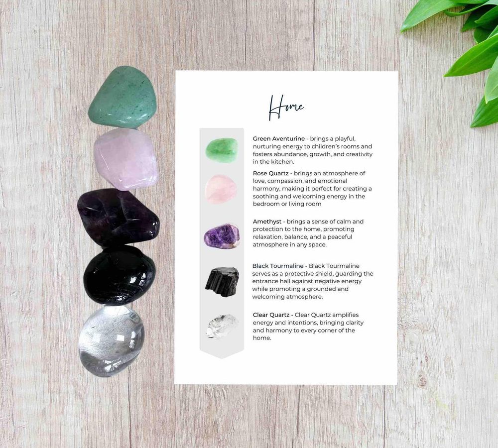 New Home Crystal Set for Protection, Love & Positive Energy with five tumbled stones and properties card