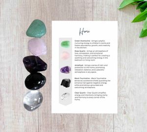New Home Crystal Set for Protection, Love & Positive Energy with five tumbled stones and properties card