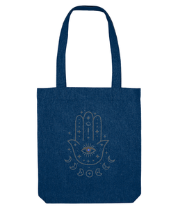 hamsa hand tote bag with evil eye French navy, the holistic hamper